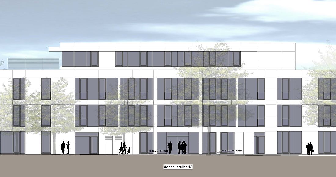 Architekturzeichnung: Gebäude Frontalansicht weiß; Personensilhouette