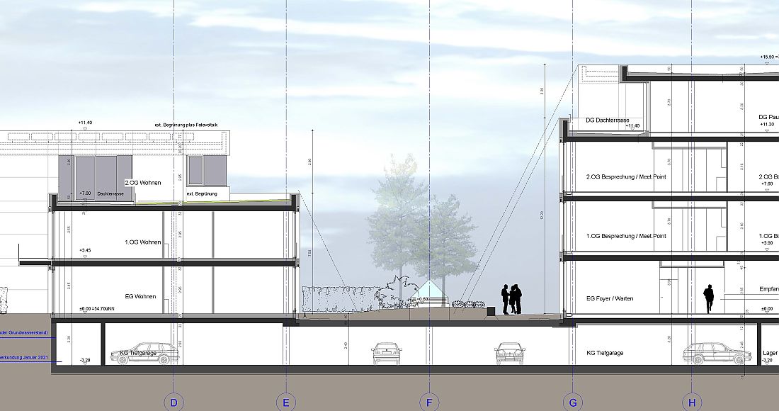 Architekturzeichnung: Gebäude Querschnitt weiß; Tiefgarage; links Wohngebäude: Erdgeschoss, erster Stock, zweiter Stock; rechts Bürogebäude: Erdgeschoss, erster Stock, zweiter Stock, Dachterrasse