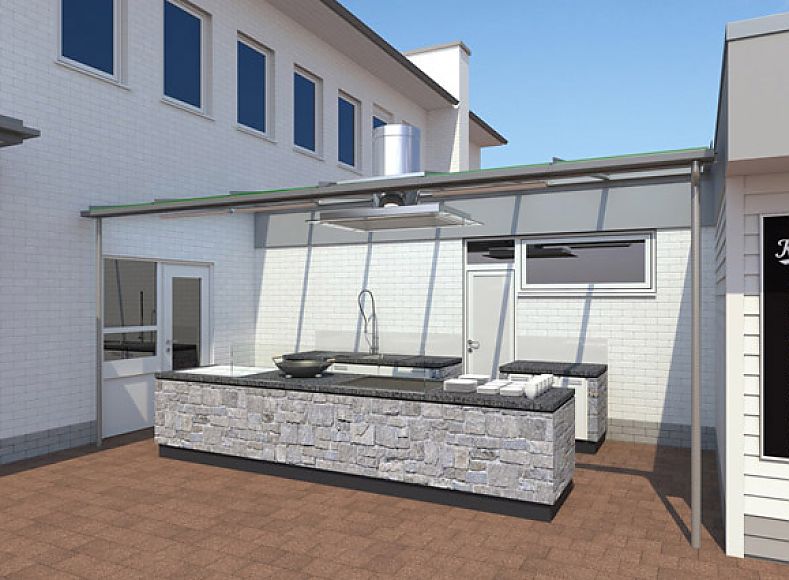 Visualisierung: Außenansicht. Grillstation aus hellgrauem, unregelmäßig geformtem Naturstein mit dunkelgrauer Granit-Arbeitsfläche; gläserne Überdachung; zwei zusätzliche kleine Arbeitsflächen an der Rückwand; weiße Tür mittig; Waschbecken auf der linken Seite; umliegendes Gebäude aus weißem Backstein