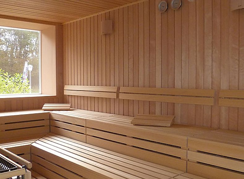 Fotografie: Innenansicht; klassische finnische Sauna mit Holzverkleidung und gestuften Sitzbänken; großes Fenster mit Blick auf grüne Außenanlage