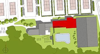 Architekturzeichnung: Vogelperspektive. Farbige Geländeübersicht mit Grünanlagen, Pool und Gebäudestruktur