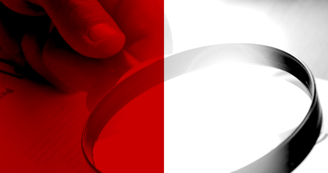 Hand hält Lupe, hälftig Rot-Weiß gefärbt